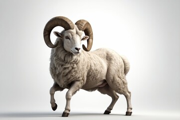 Majestic ram with large curled horns on white background.