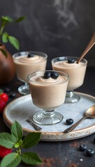 Obraz premium Vegan chocolate mousse with mint, bar of chocolate and cocoa beans