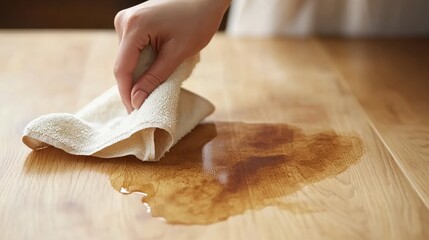 Hand with Cloth Wiping Coffee Spill on Wooden Surface