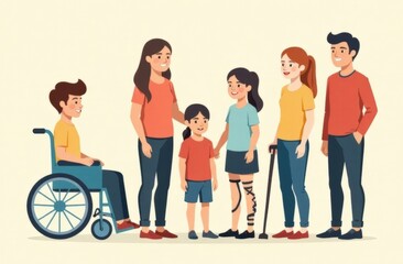 Diverse people with disabilities. Man sitting in a wheelchair, girls with prosthetics and a blind man with a stick, man with crutches