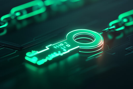 A glowing key breaking through a chain of binary codes, representing the tension between privacy protection and AI development.