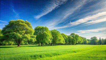 Obraz premium Green field with lush trees under a clear blue sky , nature, landscape, serene, peaceful, outdoors, summer, sunny