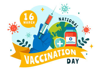 National Vaccination Day Illustration Celebrated on March 16, Featuring a Vaccine Syringe to Promote Strong Immunity and Health Care in a Background