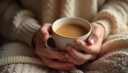 Hands holding a warm cup of coffee wrapped in a soft fluffy beige blanket for a cozy relaxing moment