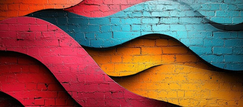 A vibrant mural featuring flowing waves of color on a brick wall.