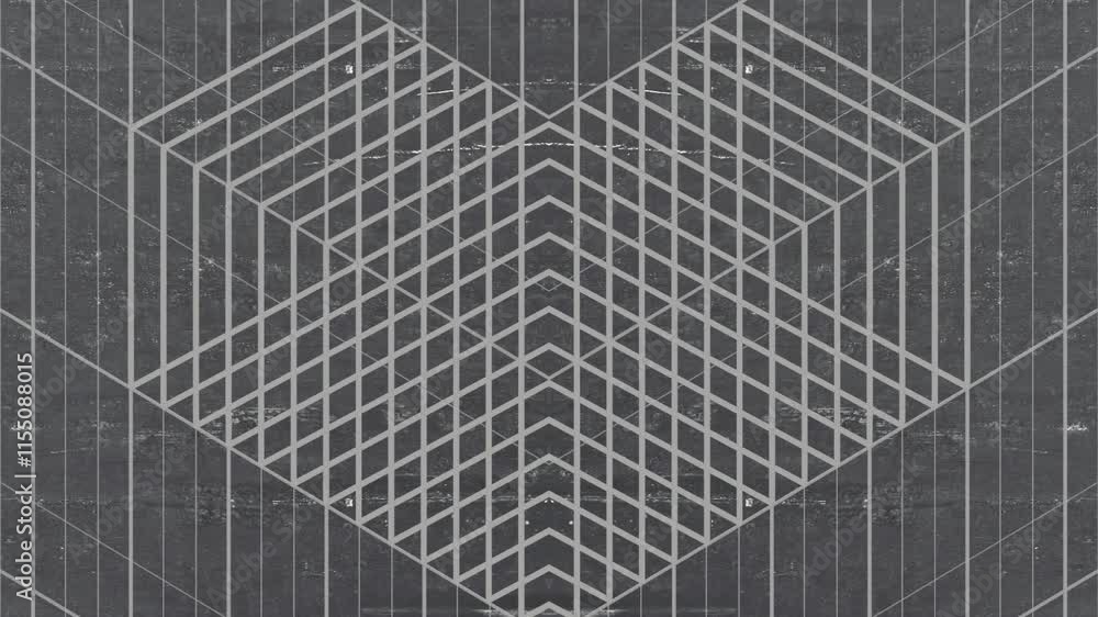Poster Digital seamless loop animation of the transformation of a symmetrical pattern of rectangles on a dark scratched background. Optical illusion. Isometric composition. 3d rendering 4K
