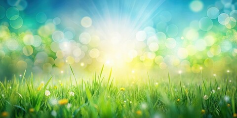 Obraz premium Sunny spring meadow blur background with blue sky to green grass gradient, sunny, spring, meadow, blur, background