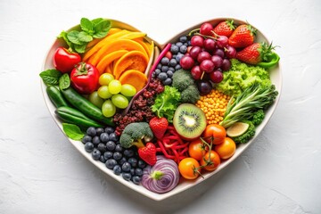 Vibrant Rainbow Fruit & Veggie Heart Bowl - Superfoods Photography - Stock Image