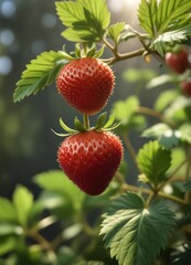 A single plump strawberry ripens on a plant's bushy branch in the warm sunlight, greenery, leaves, vines