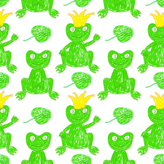 Playful seamless pattern featuring green frogs, some wearing crowns, with lily pads on a white background.