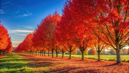 Naklejka premium Red autumn foliage glows in a row of trees on a sunny fall day in the countryside, autumn, foliage, red, trees, country lane