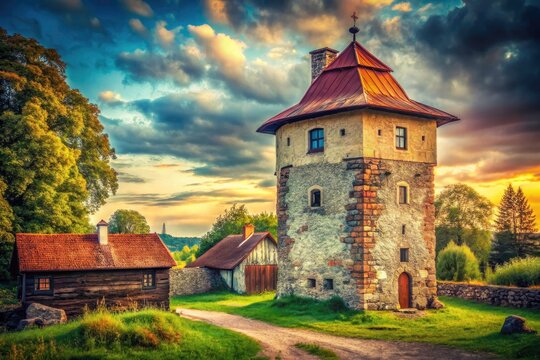 Vintage Estonian Manor Tower: Simuna Village, Ancient Stone Structure, Litke Navigator, Retro Photography