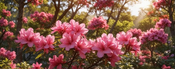 Azalea flowers start to bloom in the warm sunlight filtering through trees, filtered light, nature, flowers