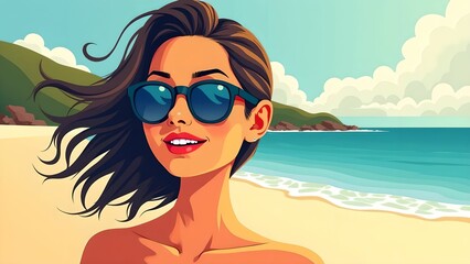 Girls in glasses on the beach. Illustration