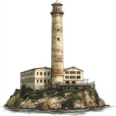 Fototapeta premium Old lighthouse and building on a small island.
