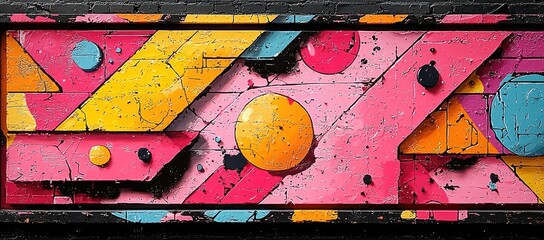 A vibrant mural featuring geometric shapes in pink, yellow, and blue colors.