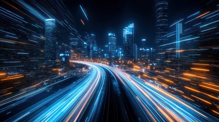 A city skyline at night with light trails on the highway