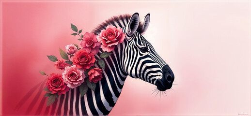 Zebra head with flowers, side view on pink, red and white background, abstract image.