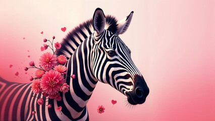 Zebra head with flowers, side view on pink, red and white background, abstract image.
