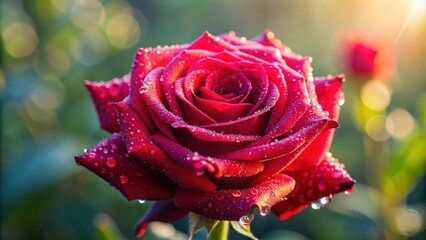 A delicate red rose with dew drops glistening on its petals in the morning light, as if kissed by the sun, morning light