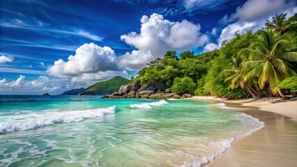 Obraz premium Serene tropical wave at Seychelles beach with coral reef in background