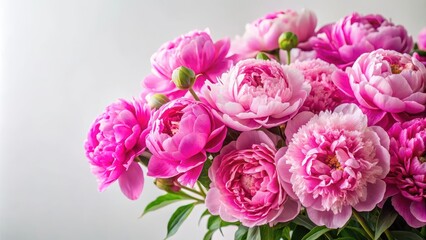 Obraz premium Colorful pink peonies in full bloom against a soft white background