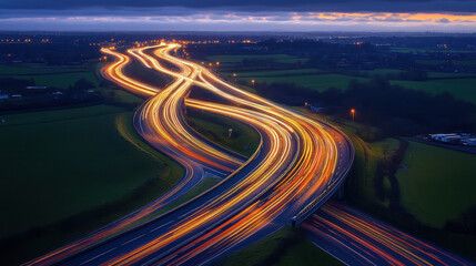 Highway at dusk with long exposure lights, countryside in the background