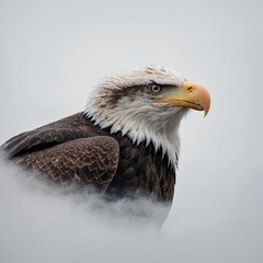 Fototapeta premium A bald eagle surrounded by faint cloud outlines on a white backdrop.