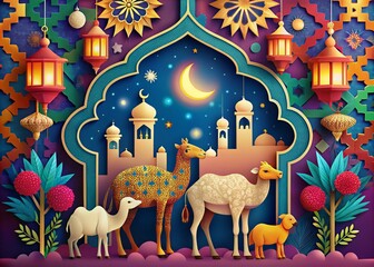 Eid Al Adha Mubarak Celebration - Paper Cut Camel, Sheep, Goat Design