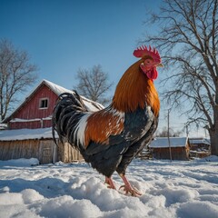 A rooster in a snow-covered village with a bright blue winter sky.