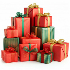 stack of christmas gifts with red and green wrapping paper and ribbons on white background