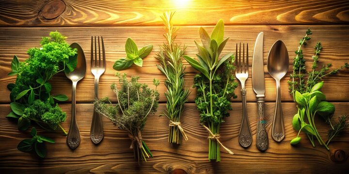 Aromatic herbs arranged on a wooden table with cutlery silhouettes against a warm background, evoking feelings of comfort and culinary exploration , table setting , spices