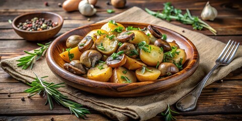 Pan-seared potato dish with saut?ed mushrooms and herbs on a wooden plate , rustic, mushrooms,  rustic