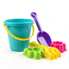 colorful plastic beach toys  with blue bucket purple shovel and yellow rake isolated on white background