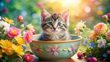 Fluffy kitten, flower pot, peaceful scene.