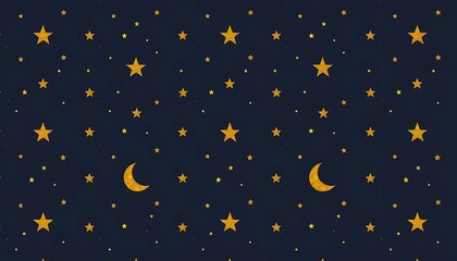 A seamless repeating pattern of small stars and moons in golden hues on a dark blue background.