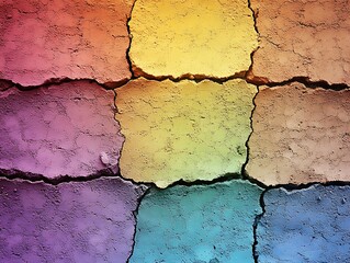 Fototapeta premium A cracked paint texture in a vibrant rainbow gradient, ideal for creative design. The image is sharply focused with high contrast, emphasizing the vivid colors and intricate cracks. Centrally 