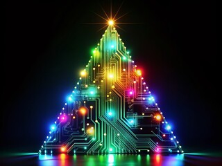 Futuristic Circuit Christmas Tree, Dark Background, Technology, Lights