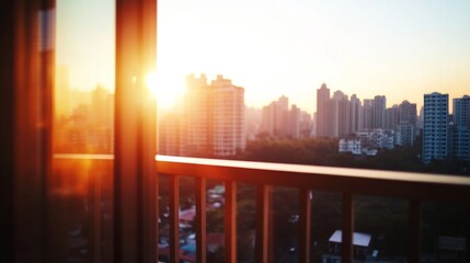 Bright Urban Sunset from a Cluttered Apartment Balcony
