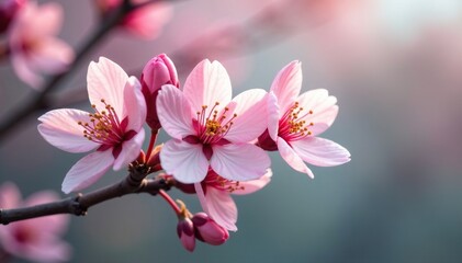 Delicate pink petals unfolding on a white branch, blossoms, tree