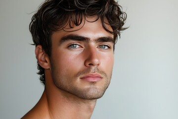 Obraz premium Young man with lively eyes and messy hair against a neutral backdrop