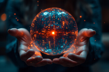 A person holding a glowing orb surrounded by digital code, representing the shifting balance of power as AI takes control from human hands.
