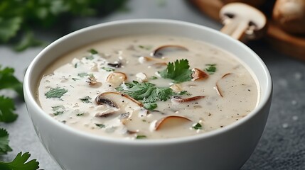 A warm bowl of Tom Kha soup, rich with creamy coconut, aromatic herbs, and earthy mushrooms, evokes comfort and delight.