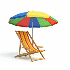 Obraz premium colorful beach umbrella and striped deckchair isolated on white background