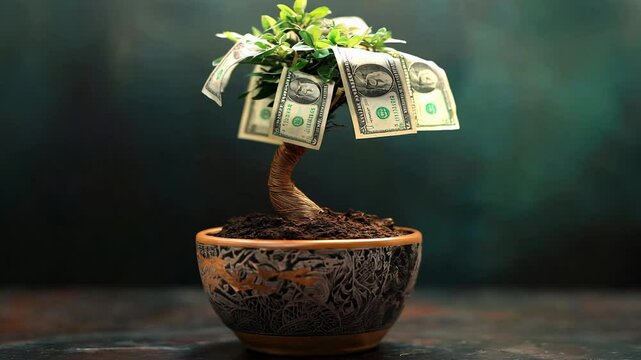 A green dollar money tree thriving in a decorative pot, with shimmering dollar bills, representing the nurturing of wealth and prosperity. Business concept