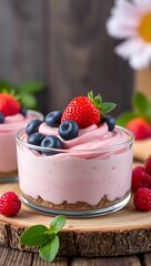 Vegan chocolate mousse with mint, bar of chocolate and cocoa beans