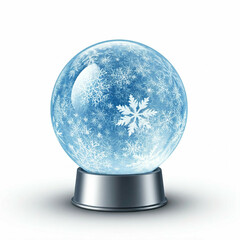 blue christmas snow globe with white snowflakes on white background