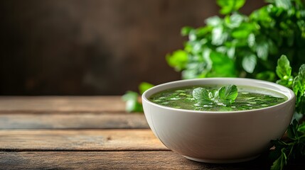 A bowl of Tom Kha soup sits invitingly on a rustic wooden table, surrounded by fresh herbs, evoking warmth and comfort.