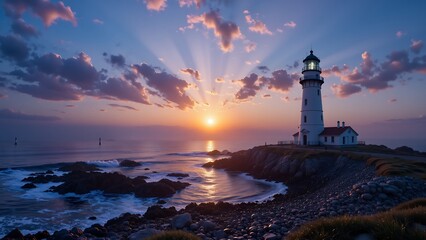 A lighthouse is lit up at sunset on a rocky shore