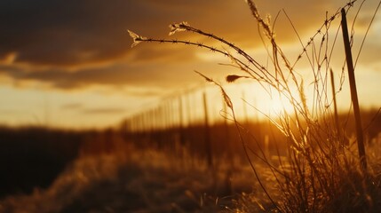Obraz premium Sunset Silhouette of Prohibited Wire Barrier at State Border, A Stark Line Against Illegal Immigration